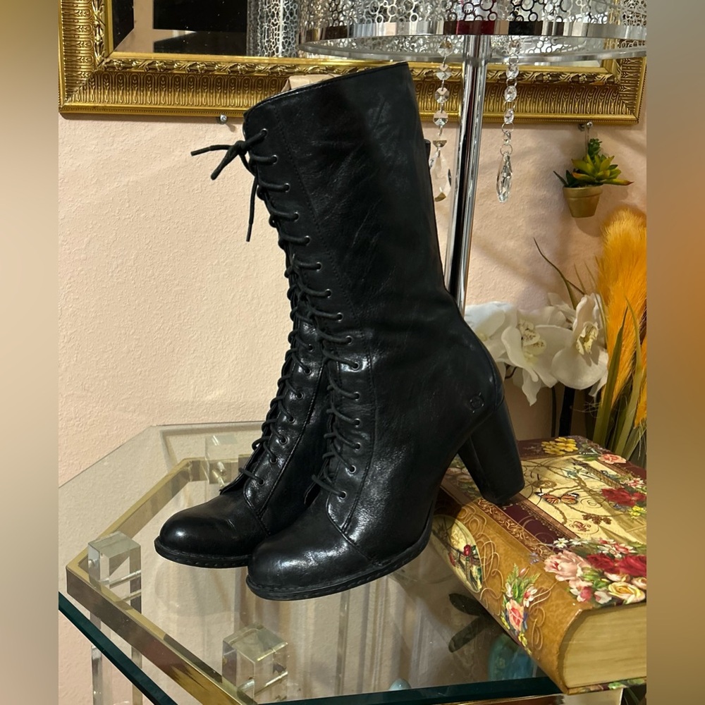Vintage Born Black Leather Granny Lace Up Boots Size 9.5 - Picture 3 of 13